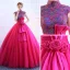 Vintage / Retro Fuchsia Prom Dresses 2019 Ball Gown High Neck Lace Flower Sequins Bow Short Sleeve Floor-Length / Long Formal Dresses