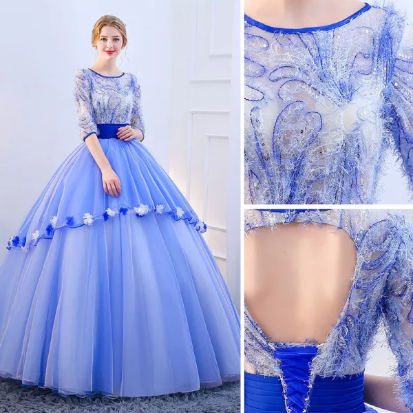 Vintage / Retro Sky Blue Prom Dresses 2019 Ball Gown Scoop Neck Appliques Sequins Tassel 1/2 Sleeves Backless Floor-Length / Long Formal Dresses