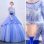 Vintage / Retro Sky Blue Prom Dresses 2019 Ball Gown Scoop Neck Appliques Sequins Tassel 1/2 Sleeves Backless Floor-Length / Long Formal Dresses