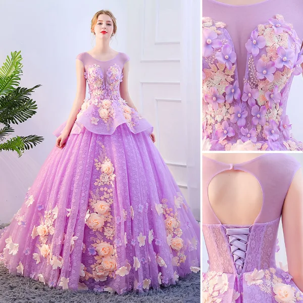 Chic / Beautiful Lilac Prom Dresses 2019 A-Line / Princess Scoop Neck Appliques Lace Flower Pearl Backless Sleeveless Chapel Train Formal Dresses