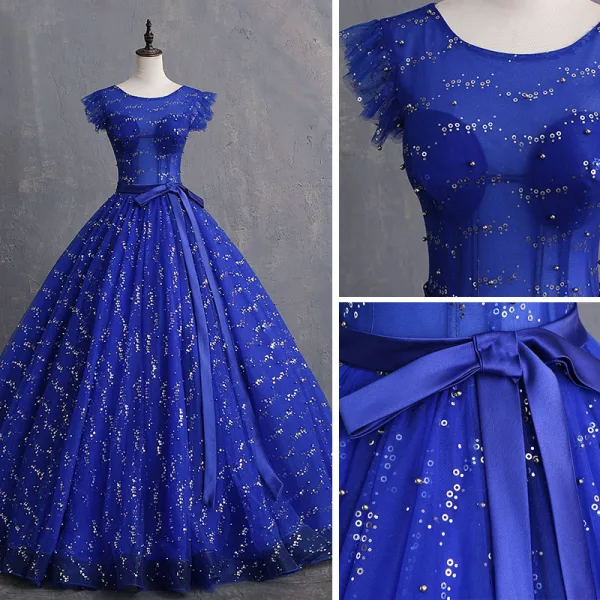 Chic / Beautiful Royal Blue Prom Dresses 2019 A-Line / Princess Scoop Neck Bow Pearl Sequins Sleeveless Backless Floor-Length / Long Formal Dresses