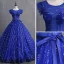 Chic / Beautiful Royal Blue Prom Dresses 2019 A-Line / Princess Scoop Neck Bow Pearl Sequins Sleeveless Backless Floor-Length / Long Formal Dresses