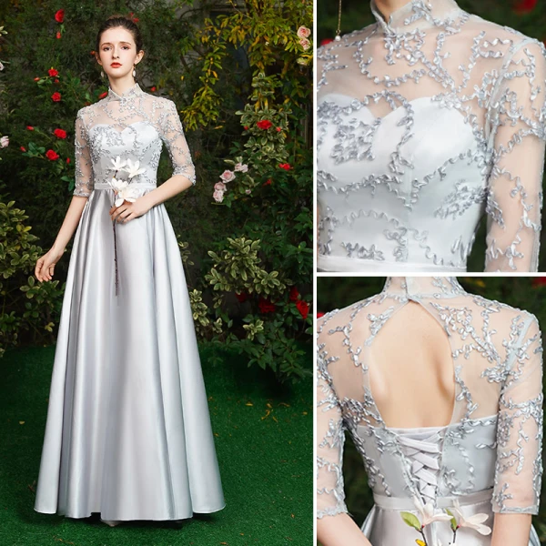 Simple Gris Robe Demoiselle D'honneur 2021 Princesse Encolure Dégagée 1/2 Manches Dos Nu Longue Robe Pour Mariage