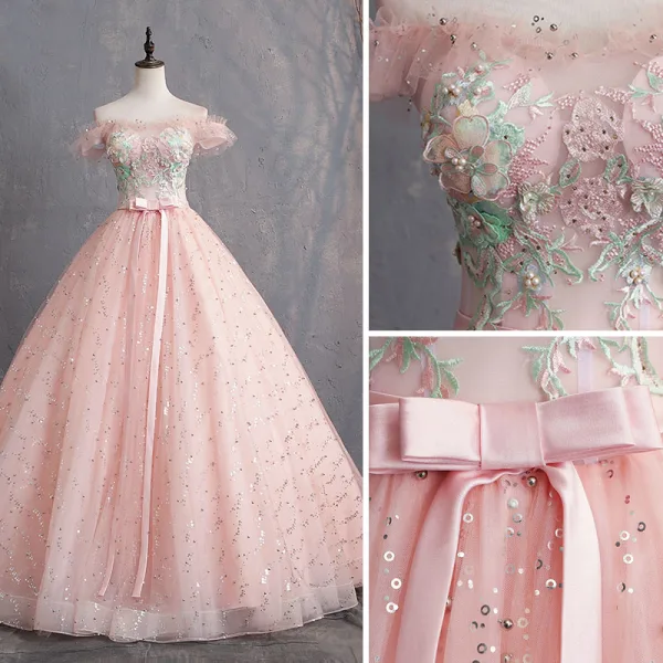Élégant Perle Rose Robe De Bal 2019 Robe Boule De l'épaule Appliques En Dentelle Fleur Paillettes Noeud Perle Manches Courtes Dos Nu Longue Robe De Ceremonie