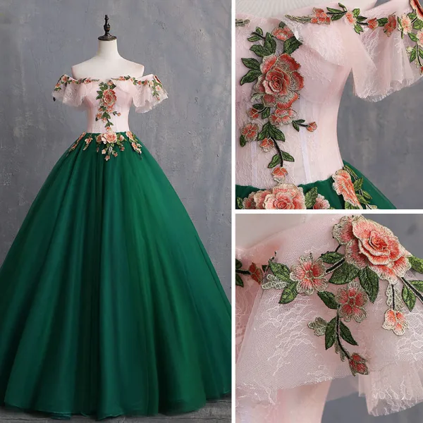 Vintage / Retro Dark Green Prom Dresses 2019 Ball Gown Appliques Lace Off-The-Shoulder Short Sleeve Backless Floor-Length / Long Formal Dresses