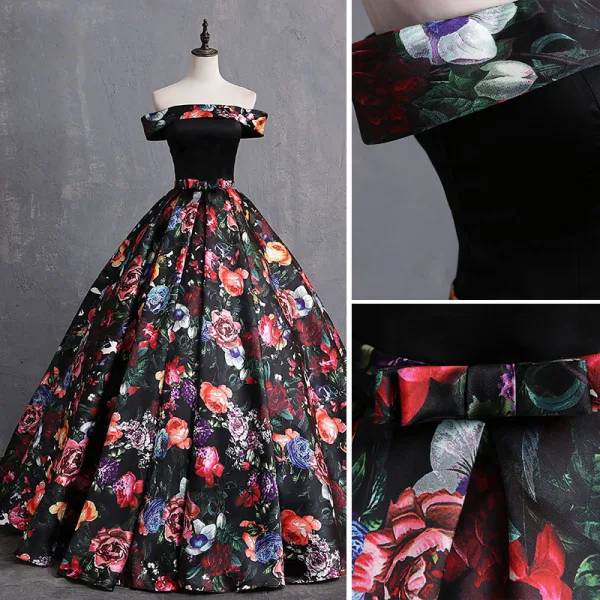 Vintage / Retro Multi-Colors Printing Prom Dresses 2019 Ball Gown Off-The-Shoulder Bow Short Sleeve Backless Floor-Length / Long Formal Dresses