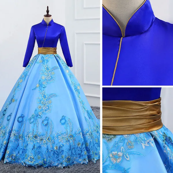 Vintage / Originale Bleu Robe De Bal 2019 Princesse Col Haut En Dentelle Fleur Paillettes Manches Longues Dos Nu Chapel Train Robe De Ceremonie