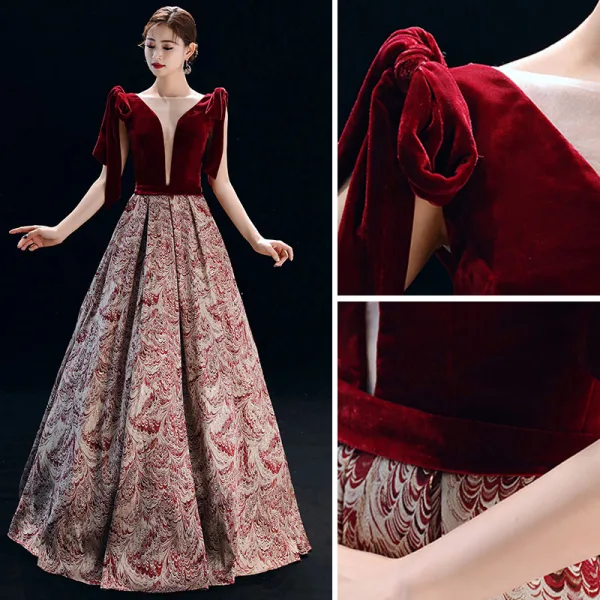 Elegant Burgundy Evening Dresses 2019 A-Line / Princess Square Neckline Suede Sleeveless Backless Printing Floor-Length / Long Formal Dresses