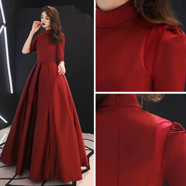 Vintage / Retro Modest / Simple Burgundy Prom Dresses 2019 A-Line / Princess High Neck 1/2 Sleeves Floor-Length / Long Formal Dresses