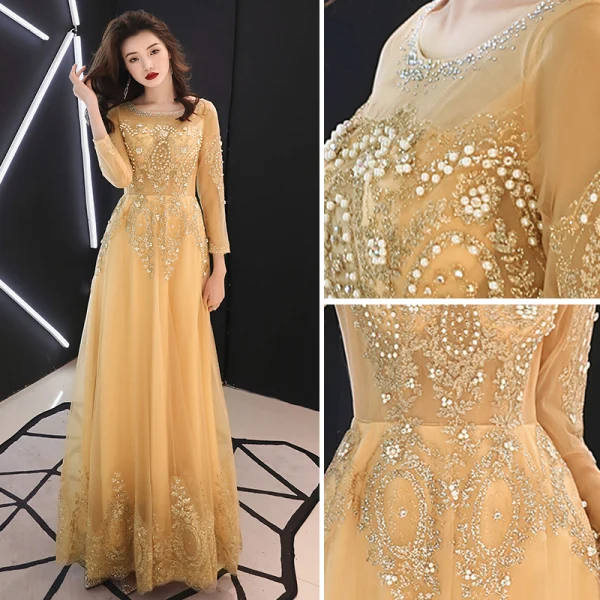 Chic / Beautiful Gold Evening Dresses 2019 A-Line / Princess Scoop Neck Beading Pearl Lace Flower Rhinestone 3/4 Sleeve Backless Floor-Length / Long Formal Dresses