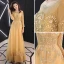 Chic / Beautiful Gold Evening Dresses  2019 A-Line / Princess Scoop Neck Beading Pearl Lace Flower Rhinestone 3/4 Sleeve Backless Floor-Length / Long Formal Dresses