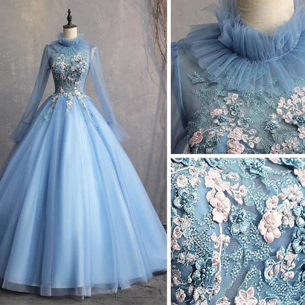Vintage / Retro Sky Blue 2019 A-Line / Princess Formal Dresses High Neck Beading Pearl Appliques Lace Long Sleeve Backless Floor-Length / Long Prom Dresses