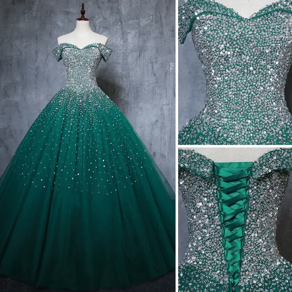 Vintage / Retro Dark Green Handmade  Beading Prom Dresses 2019 A-Line / Princess Off-The-Shoulder Sequins Sleeveless Backless Floor-Length / Long Formal Dresses