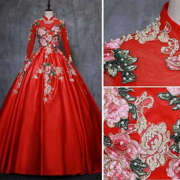 Chinese style Red Prom Dresses 2019 A-Line / Princess High Neck Appliques Lace Pearl 3/4 Sleeve Backless Floor-Length / Long Formal Dresses