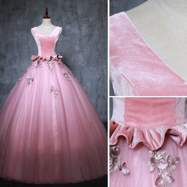 Vintage / Retro Candy Pink Prom Dresses 2019 Ball Gown V-Neck Suede Pearl Appliques Sleeveless Backless Floor-Length / Long Formal Dresses