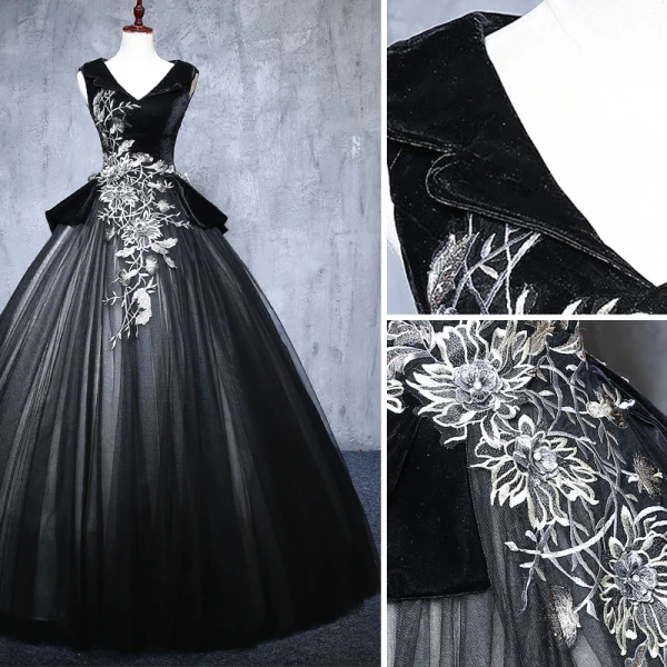 Elegant Black Prom Dresses 2019 Ball Gown V-Neck Suede Appliques Lace Crystal Sleeveless Backless Floor-Length / Long Formal Dresses