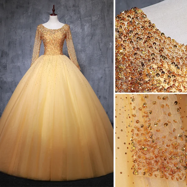 Chic / Belle Doré Robe De Bal 2019 Robe Boule Encolure Dégagée Perlage Cristal Paillettes Manches Longues Dos Nu Noeud Longue Robe De Ceremonie