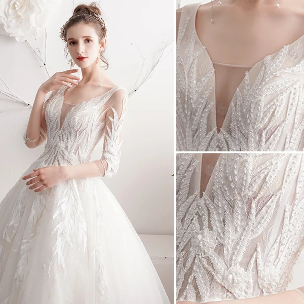 Chic / Beautiful Ivory Wedding Dresses 2019 A-Line / Princess V-Neck Beading Pearl Lace Flower 3/4 Sleeve Backless Floor-Length / Long