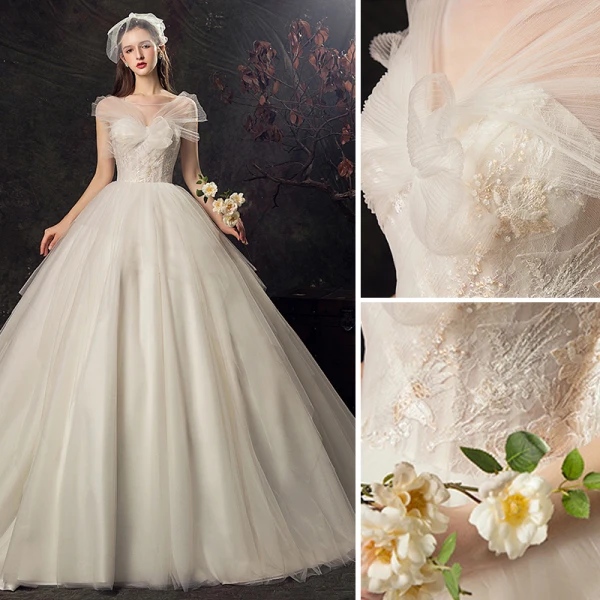 Audrey Hepburn Style Champagne Wedding Dresses 2019 Ball Gown Scoop Neck Lace Flower Short Sleeve Backless Cathedral Train