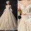 Audrey Hepburn Style Champagne Wedding Dresses 2019 Ball Gown V-Neck Lace Flower Bell sleeves Backless Royal Train