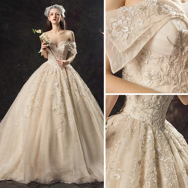 Audrey Hepburn Style Champagne Wedding Dresses 2019 Ball Gown Off-The-Shoulder Lace Flower Sequins Short Sleeve Backless Royal Train