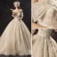 Audrey Hepburn Style Champagne Wedding Dresses 2019 Ball Gown Off-The-Shoulder Lace Flower Sequins Short Sleeve Backless Royal Train