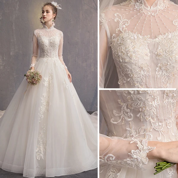 Eleganckie Szampan Suknie Ślubne 2019 Princessa Wysokiej Szyi Frezowanie Perła Kutas Z Koronki Kwiat Długie Rękawy Bez Pleców Trenem Katedra