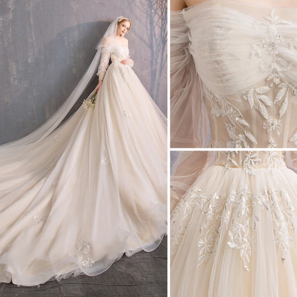 Style Audrey Hepburn Champagne Robe De Mariée 2019 Princesse De l'épaule Perlage Paillettes Perle En Dentelle Fleur 3/4 Manches Dos Nu Royal Train