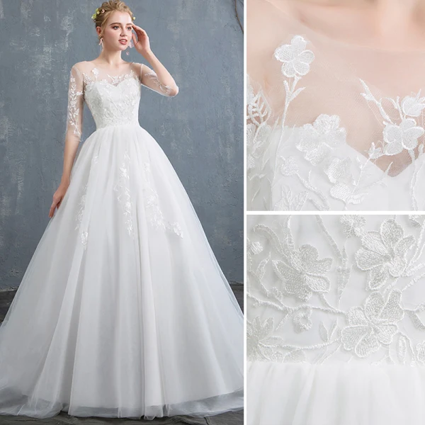 Affordable Ivory Wedding Dresses 2019 A-Line / Princess Scoop Neck Lace Flower 1/2 Sleeves Backless Court Train