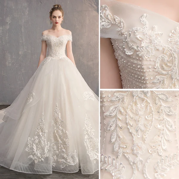 Élégant Champagne Robe De Mariée 2019 Princesse De l'épaule Perlage Perle Cristal Paillettes En Dentelle Fleur Manches Courtes Dos Nu Royal Train