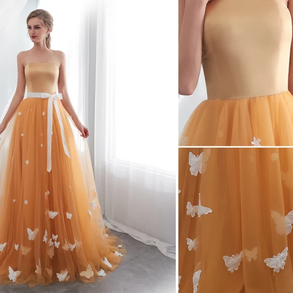 Chic / Beautiful Orange Prom Dresses 2019 A-Line / Princess Strapless Butterfly Appliques Bow Sleeveless Backless Sweep Train Formal Dresses