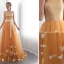 Chic / Beautiful Orange Prom Dresses 2019 A-Line / Princess Strapless Butterfly Appliques Bow Sleeveless Backless Sweep Train Formal Dresses