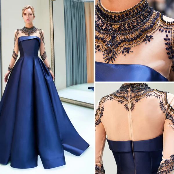Luxury / Gorgeous Navy Blue Evening Dresses 2019 A-Line / Princess High Neck Beading Crystal Long Sleeve Sweep Train Formal Dresses