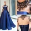 Luxury / Gorgeous Navy Blue Evening Dresses  2019 A-Line / Princess High Neck Beading Crystal Long Sleeve Sweep Train Formal Dresses