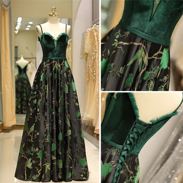 Vintage / Retro Dark Green Evening Dresses 2019 A-Line / Princess Spaghetti Straps Suede Beading Crystal Sleeveless Backless Printing Floor-Length / Long Formal Dresses