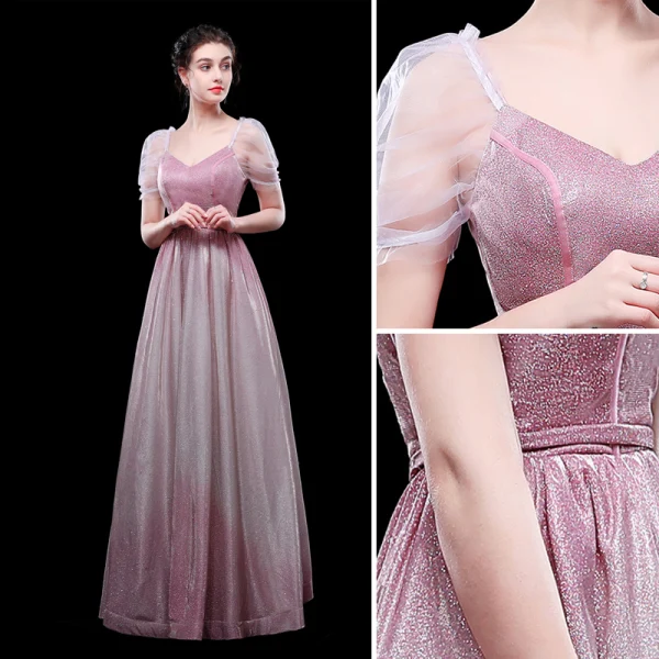 Chic / Beautiful Gradient-Color Candy Pink Evening Dresses 2019 A-Line / Princess V-Neck Glitter Polyester Short Sleeve Floor-Length / Long Formal Dresses