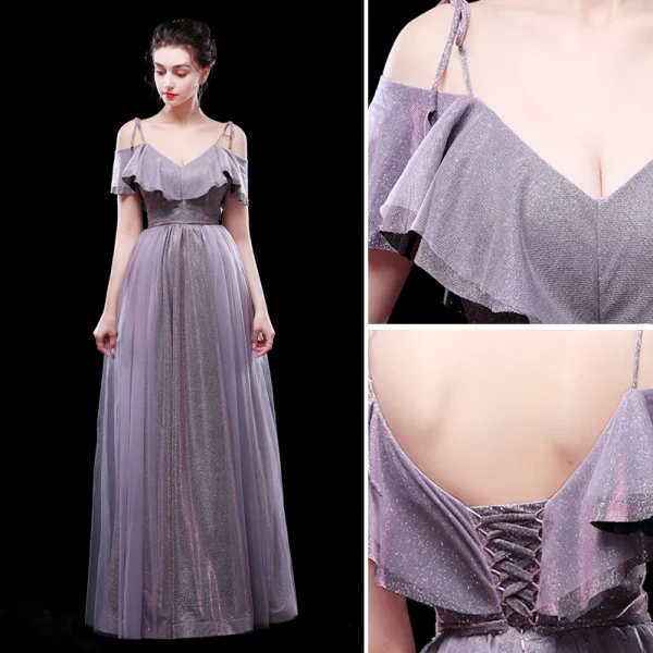 Chic / Beautiful Purple Evening Dresses 2019 A-Line / Princess Spaghetti Straps Glitter Polyester Short Sleeve Backless Floor-Length / Long Formal Dresses