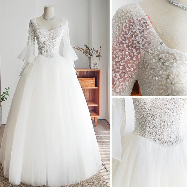 Elegante Ivory / Creme Brautkleider / Hochzeitskleider 2019 Ballkleid Eckiger Ausschnitt Perlenstickerei Pailletten Glockenhülsen Rückenfreies Lange