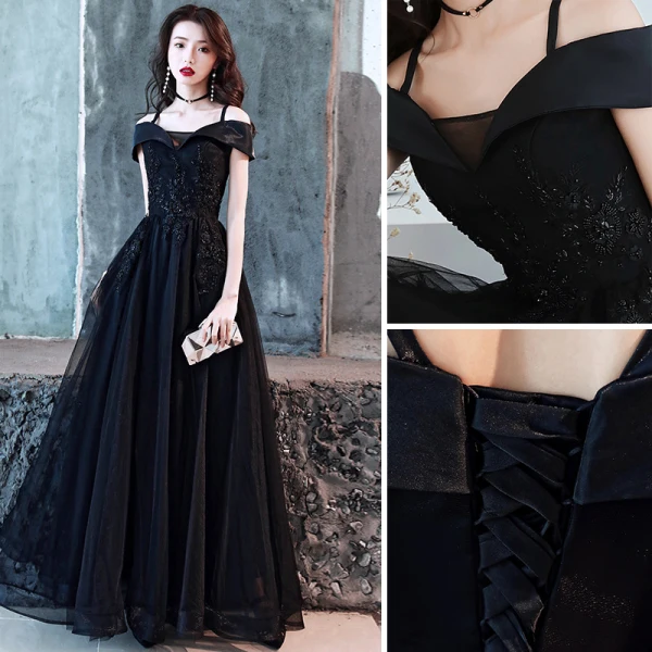 Charmant Noire Robe De Soirée 2019 Princesse Bretelles Spaghetti Perlage Cristal En Dentelle Fleur Manches Courtes Dos Nu Longue Robe De Ceremonie
