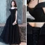 Charmant Noire Robe De Soirée 2019 Princesse Bretelles Spaghetti Perlage Cristal En Dentelle Fleur Manches Courtes Dos Nu Longue Robe De Ceremonie