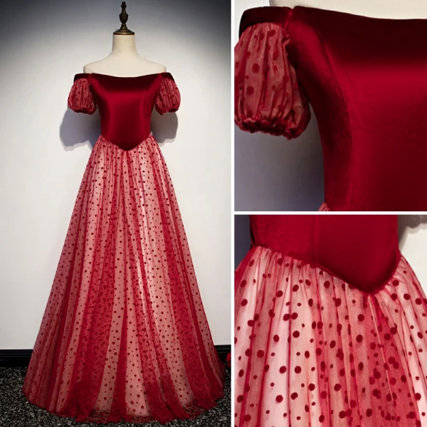 Chic / Belle Bordeaux Robe De Soirée 2019 Princesse De l'épaule Tachetée Manches Courtes Dos Nu Longue Robe De Ceremonie