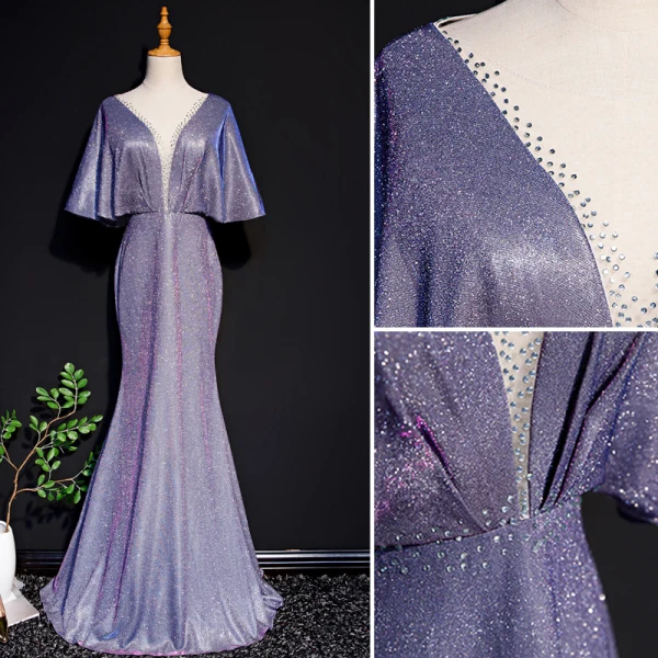 Charmant Traube Abendkleider 2019 Meerjungfrau Tiefer V-Ausschnitt Glanz Polyester Strass 1/2 Ärmel Lange Festliche Kleider
