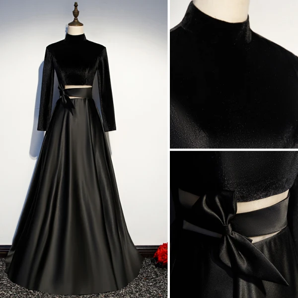 Vintage / Retro Black Evening Dresses 2019 A-Line / Princess High Neck Suede Bow Long Sleeve Backless Floor-Length / Long Formal Dresses