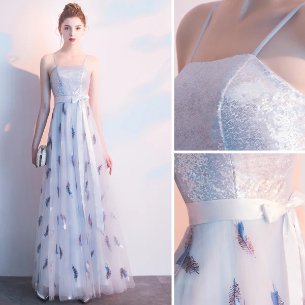 Eleganckie Srebrny Sukienki Wieczorowe 2019 Princessa Spaghetti Pasy Z Koronki Kwiat Cekiny Kokarda Bez Rękawów Bez Pleców Sukienki Wizytowe