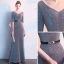 Élégant Gris Robe De Soirée 2019 Empire V-Cou Glitter Polyester Ceinture 1/2 Manches Dos Nu Longue Robe De Ceremonie