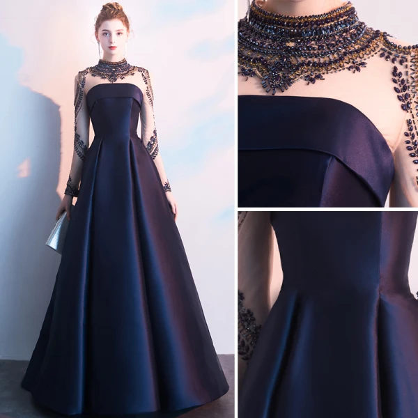Vintage / Retro Navy Blue Evening Dresses  2019 A-Line / Princess High Neck Beading Crystal Long Sleeve Floor-Length / Long Formal Dresses