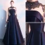 Vintage / Retro Navy Blue Evening Dresses  2019 A-Line / Princess High Neck Beading Crystal Long Sleeve Floor-Length / Long Formal Dresses