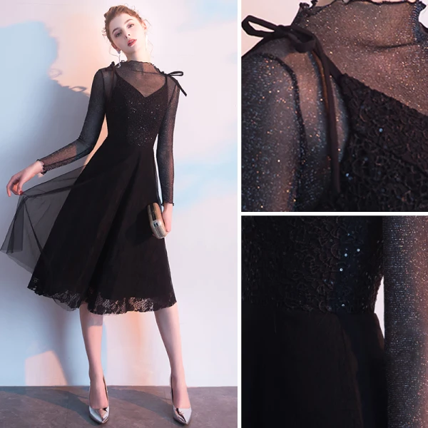 Chic / Beautiful Black Homecoming Graduation Dresses 2019 A-Line / Princess Scoop Neck Glitter Tulle Lace Bow Long Sleeve Tea-length Formal Dresses