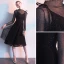 Chic / Beautiful Black Homecoming Graduation Dresses 2019 A-Line / Princess Scoop Neck Glitter Tulle Lace Bow Long Sleeve Tea-length Formal Dresses
