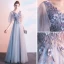 Chic / Beautiful Grey Evening Dresses  2019 A-Line / Princess V-Neck Appliques Pearl Lace Flower Short Sleeve Backless Floor-Length / Long Formal Dresses
